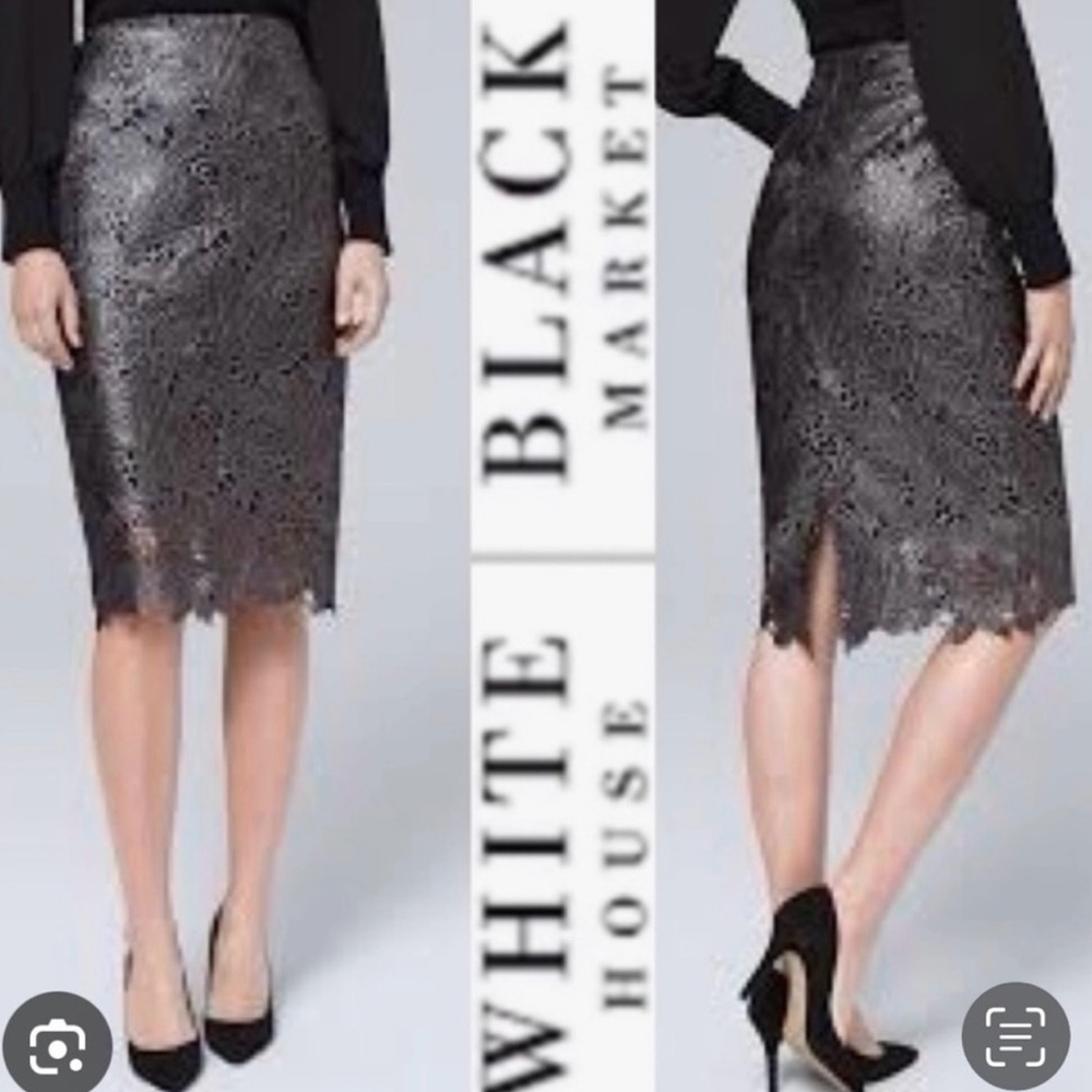 WHBM charcoal gray, metallic sheen lace pencil skirt size 0.